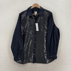 Chico's Platinum Shirt Womens 2 Blue Denim Sequin Button Up Long Sleeve Top NWT